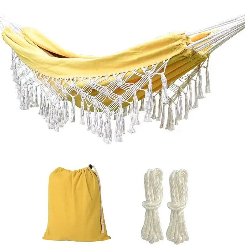 Hamac Bohème Anti-Basculement avec Bâtons en Bois et Franges – Style INS, pour Intérieur et Extérieur