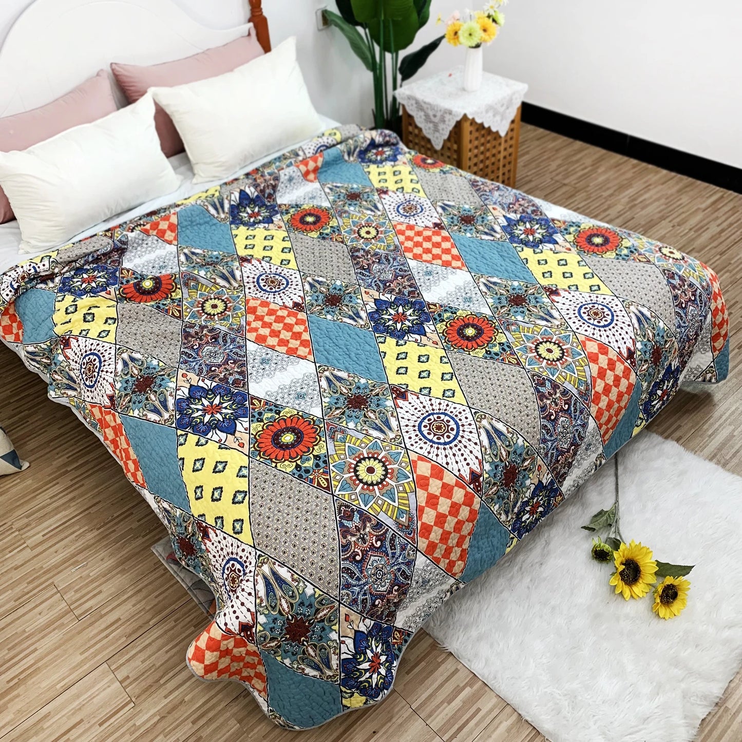 Couvre-Lit Matelassé en Coton – Style Pastoral Patchwork