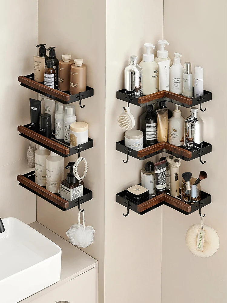 Étagère d’Angle de Salle de Bain TOLM – Aluminium et Bois, Finition Noire Élégante