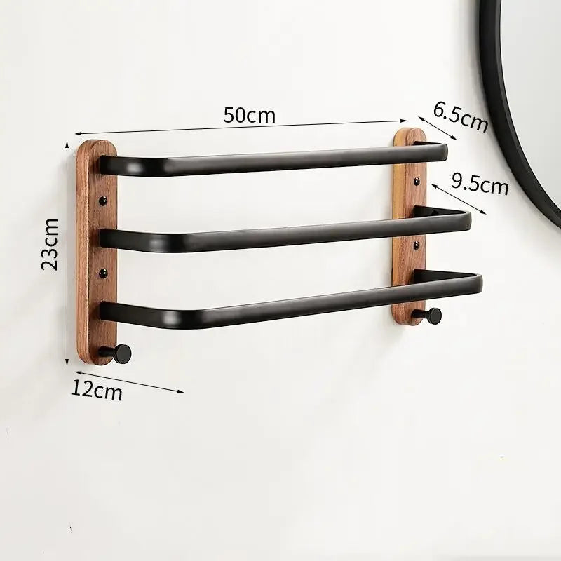 Accessoires de salle de bain en bois de noyer et métal noir