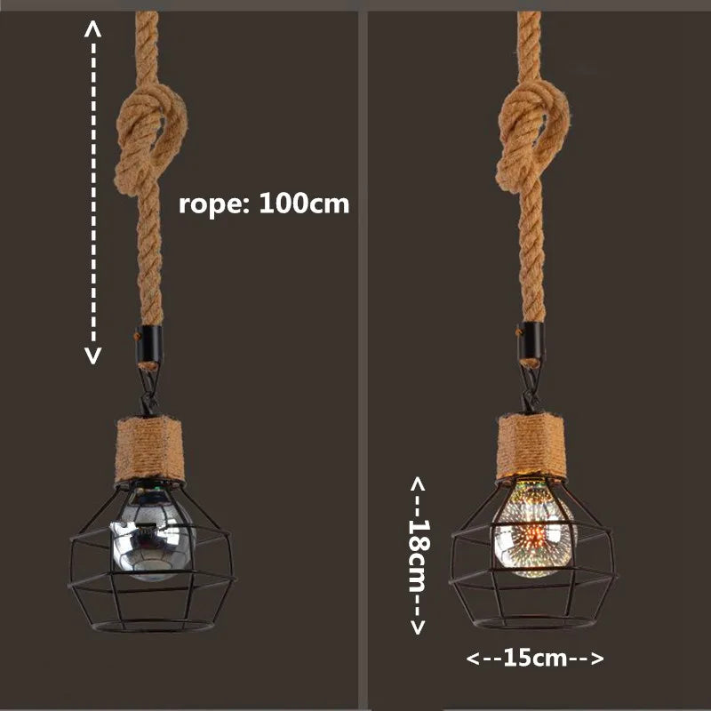 Suspension Vintage en Fer et Corde de Chanvre – Style Industriel Rétro