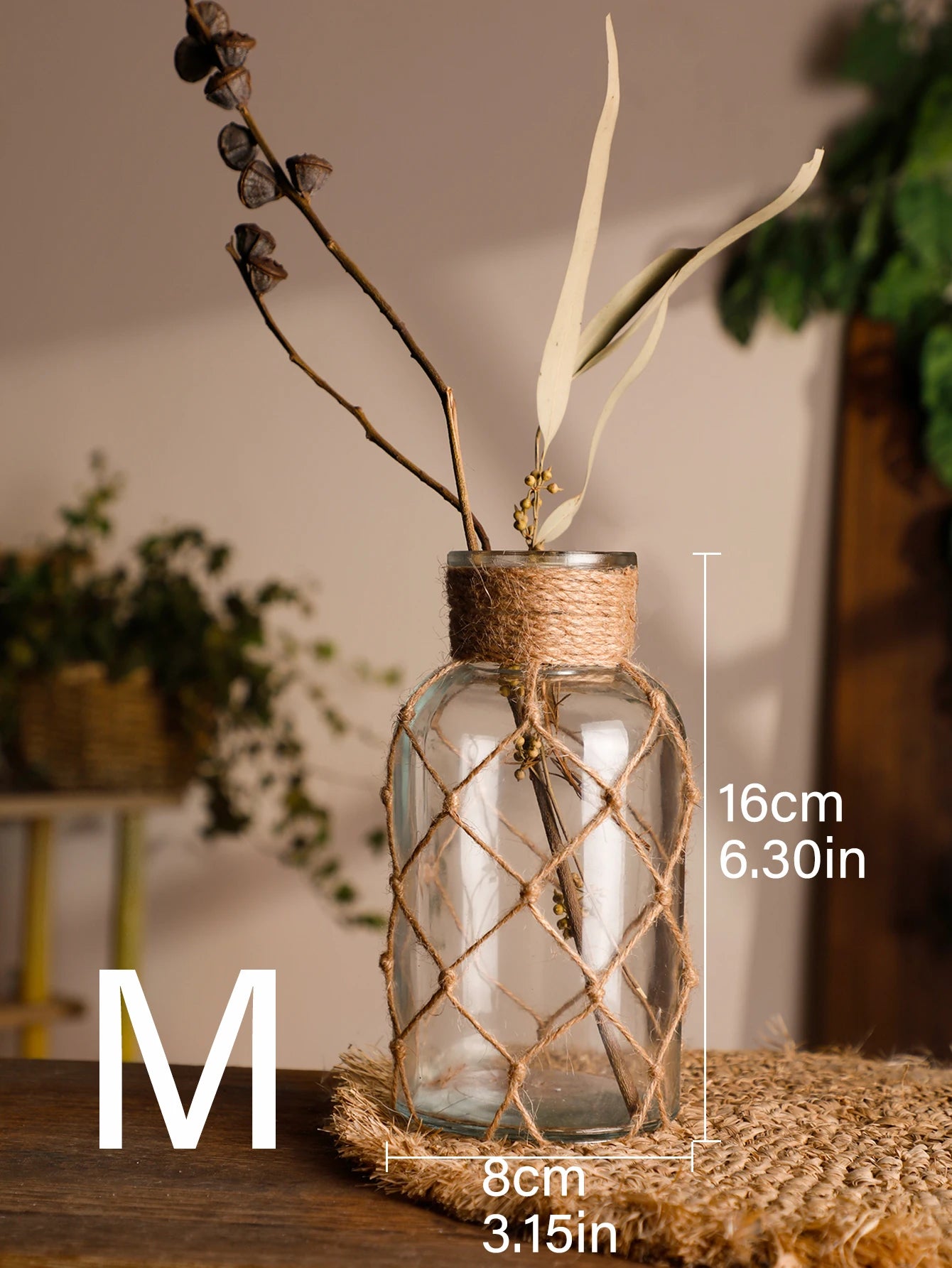 Vase en Verre avec Corde de Chanvre Tressée à la Main