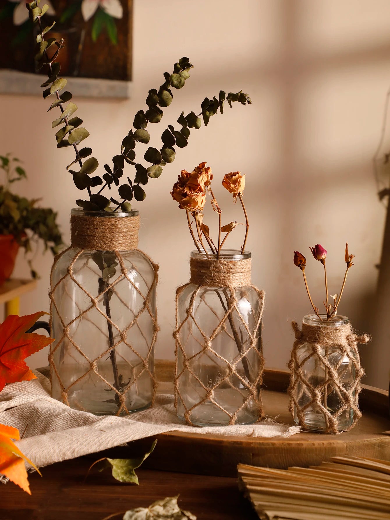 Vase en Verre avec Corde de Chanvre Tressée à la Main