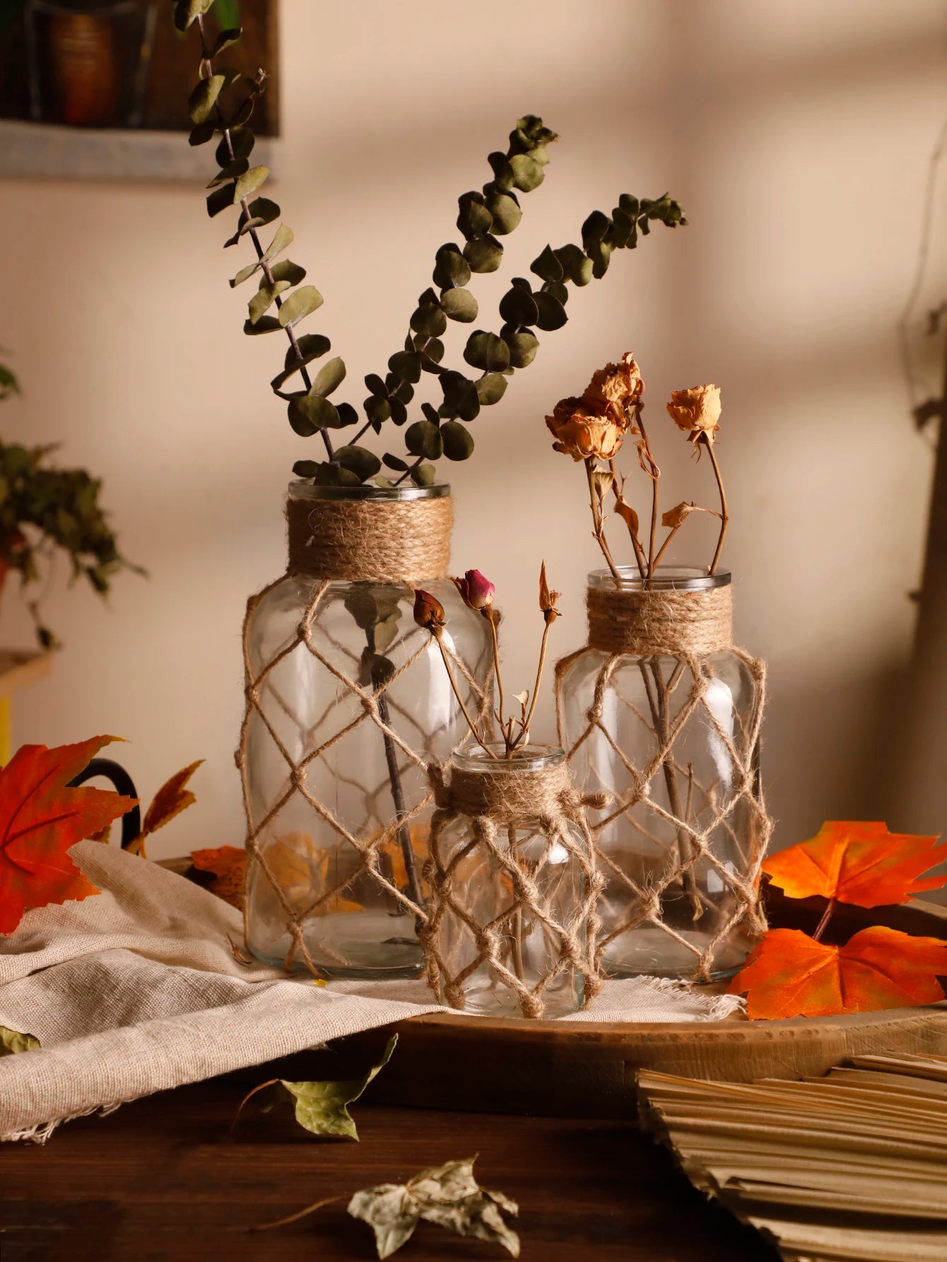 Vase en Verre avec Corde de Chanvre Tressée à la Main