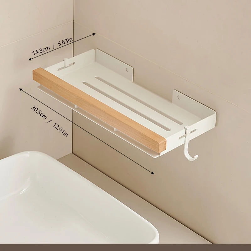 Étagère d’Angle de Salle de Bain TOLM – Aluminium et Bois, Finition Noire Élégante