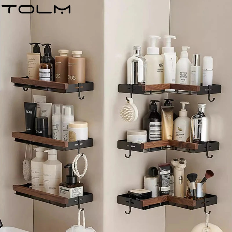 Étagère d’Angle de Salle de Bain TOLM – Aluminium et Bois, Finition Noire Élégante