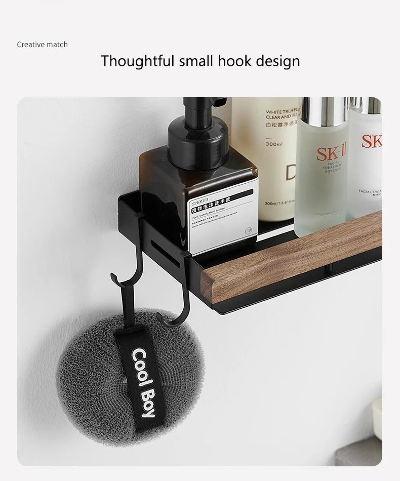 Étagère d’Angle de Salle de Bain TOLM – Aluminium et Bois, Finition Noire Élégante