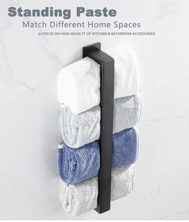 Porte-serviettes mural en acier inoxydable noir – fixation sans perçage