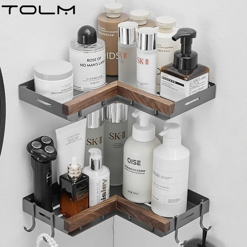 Étagère d’Angle de Salle de Bain TOLM – Aluminium et Bois, Finition Noire Élégante