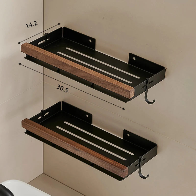 Étagère d’Angle de Salle de Bain TOLM – Aluminium et Bois, Finition Noire Élégante