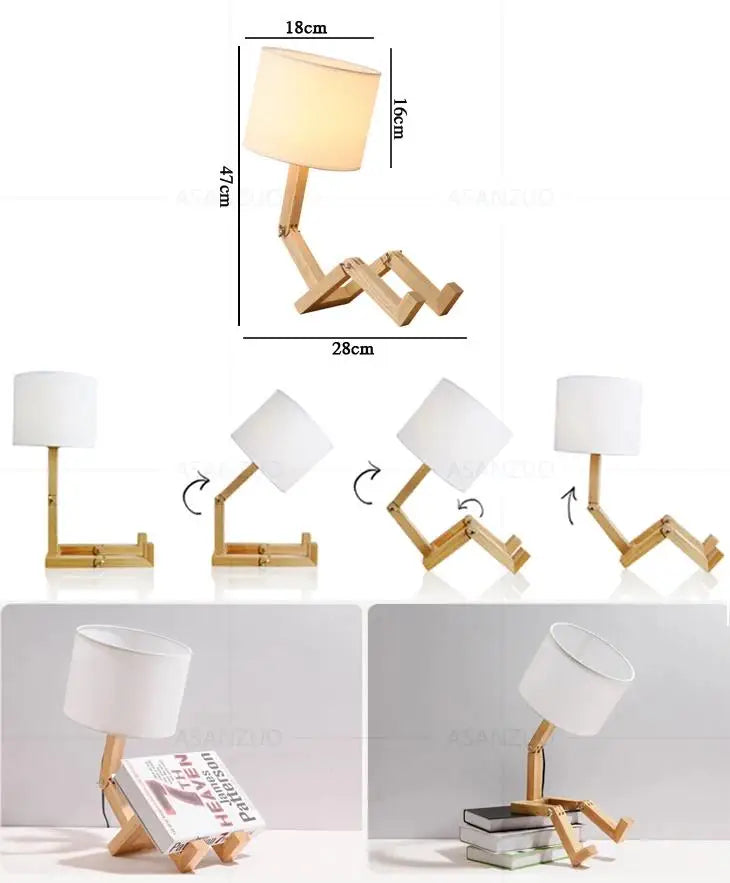 Lampe de Table en Bois Forme Robot – Décoration Artistique et Luminaire Design