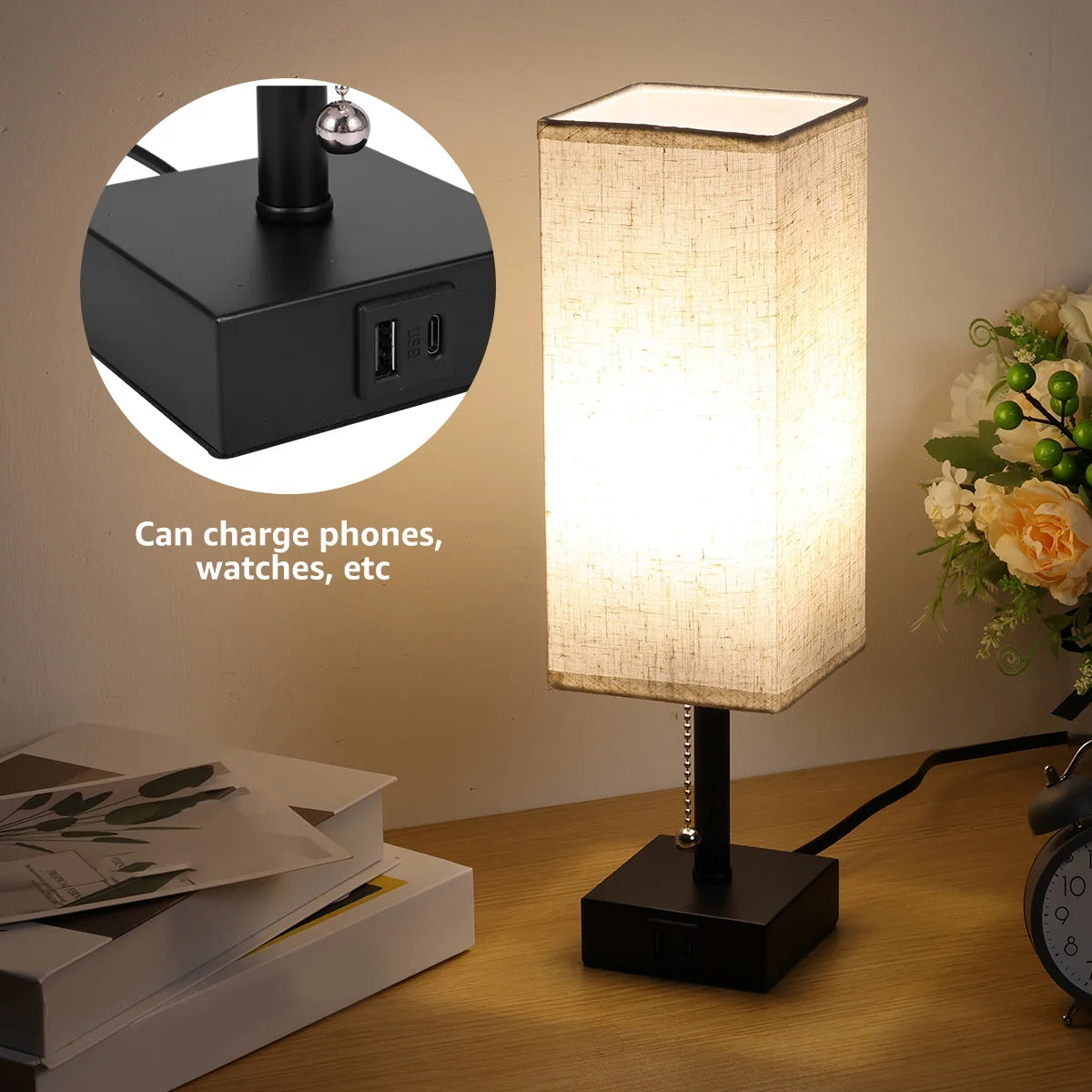 Lampe de Chevet Rétro en Bois avec Abat-Jour en Tissu – Éclairage d’Ambiance Dimmable USB