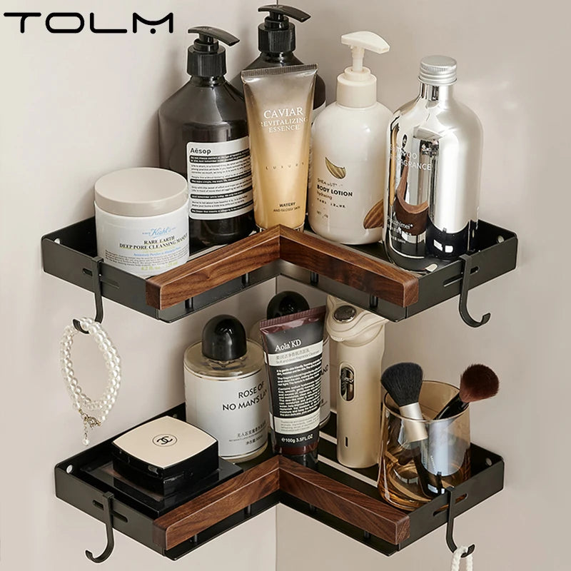 Étagère d’Angle de Salle de Bain TOLM – Aluminium et Bois, Finition Noire Élégante