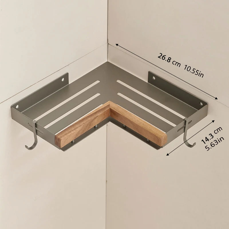 Étagère d’Angle de Salle de Bain TOLM – Aluminium et Bois, Finition Noire Élégante