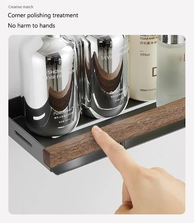 Étagère d’Angle de Salle de Bain TOLM – Aluminium et Bois, Finition Noire Élégante