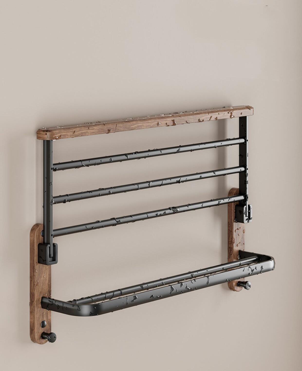 Accessoires de salle de bain en bois de noyer et métal noir