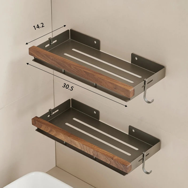 Étagère d’Angle de Salle de Bain TOLM – Aluminium et Bois, Finition Noire Élégante
