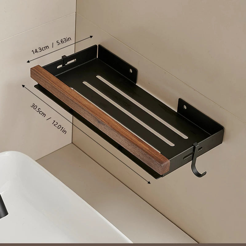 Étagère d’Angle de Salle de Bain TOLM – Aluminium et Bois, Finition Noire Élégante