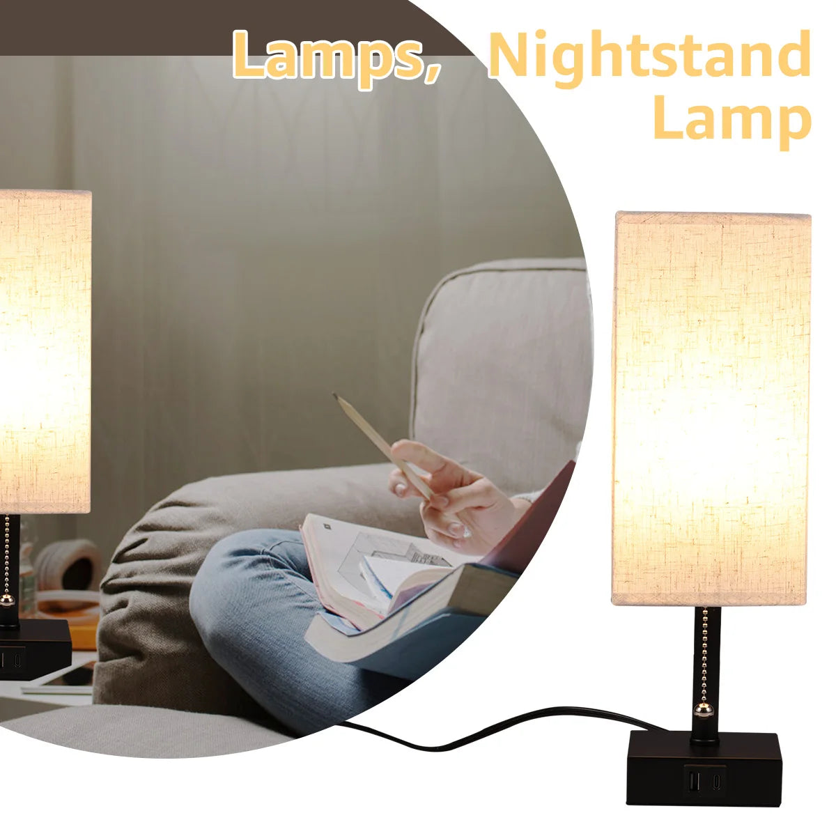 Lampe de Chevet Rétro en Bois avec Abat-Jour en Tissu – Éclairage d’Ambiance Dimmable USB