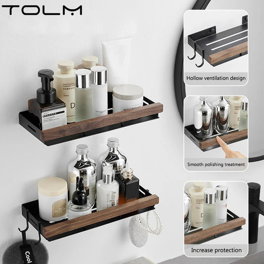 Étagère d’Angle de Salle de Bain TOLM – Aluminium et Bois, Finition Noire Élégante