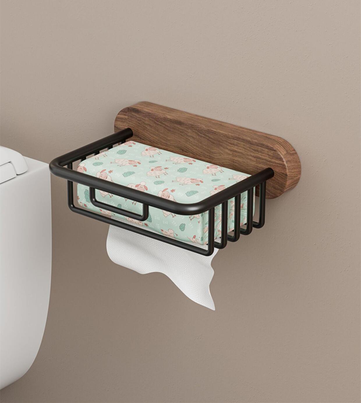 Accessoires de salle de bain en bois de noyer et métal noir