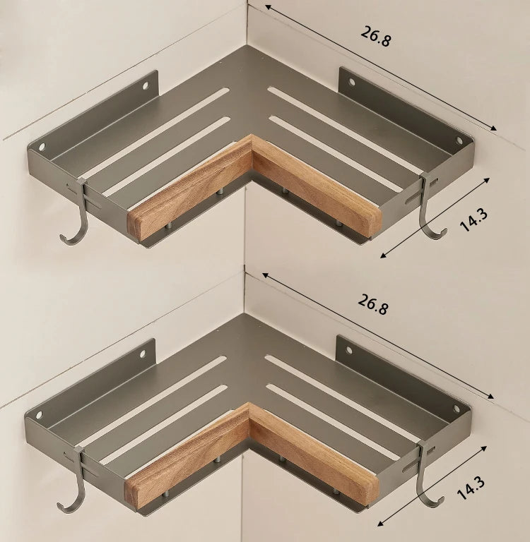 Étagère d’Angle de Salle de Bain TOLM – Aluminium et Bois, Finition Noire Élégante