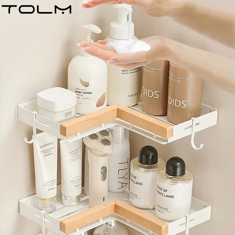 Étagère d’Angle de Salle de Bain TOLM – Aluminium et Bois, Finition Noire Élégante
