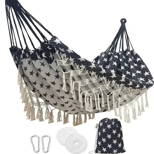 Hamac Bohème Anti-Basculement avec Bâtons en Bois et Franges – Style INS, pour Intérieur et Extérieur