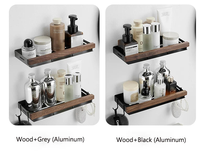 Étagère d’Angle de Salle de Bain TOLM – Aluminium et Bois, Finition Noire Élégante