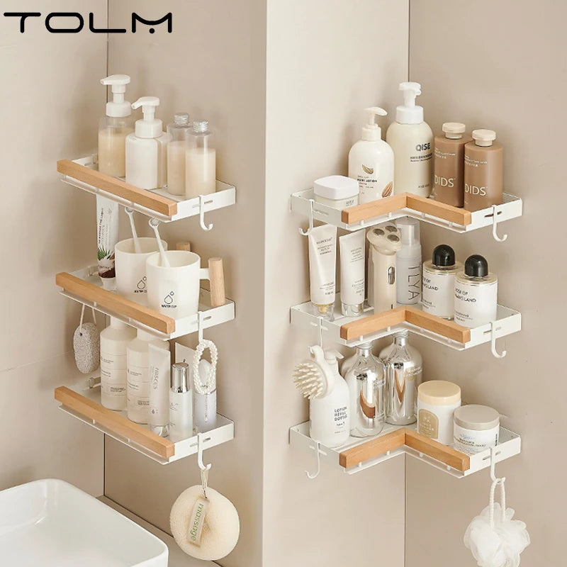 Étagère d’Angle de Salle de Bain TOLM – Aluminium et Bois, Finition Noire Élégante