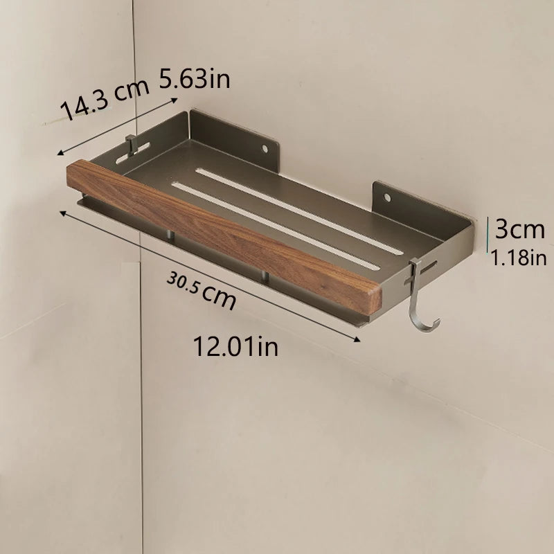 Étagère d’Angle de Salle de Bain TOLM – Aluminium et Bois, Finition Noire Élégante