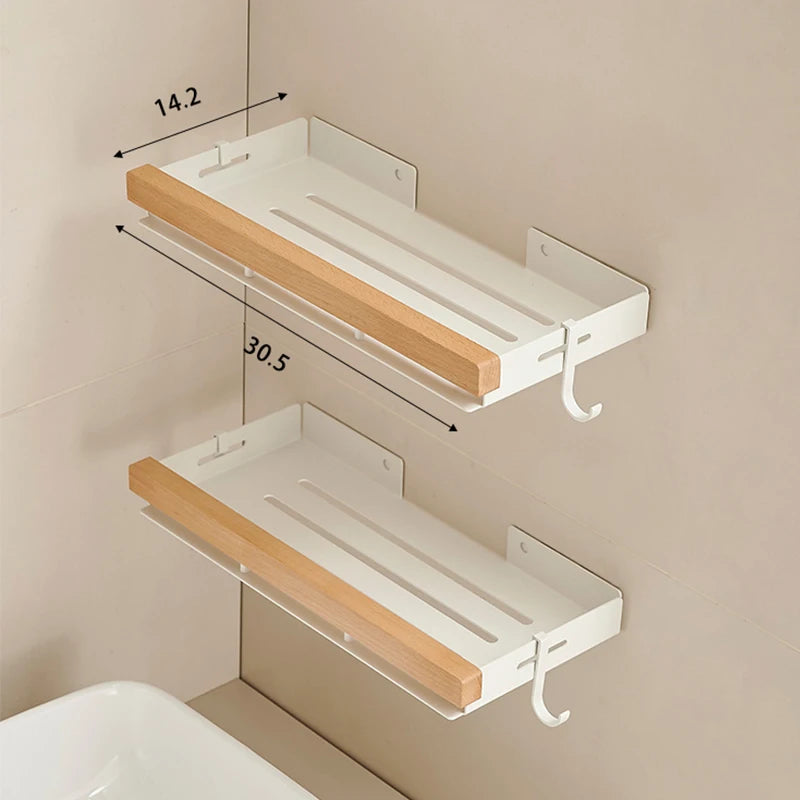 Étagère d’Angle de Salle de Bain TOLM – Aluminium et Bois, Finition Noire Élégante