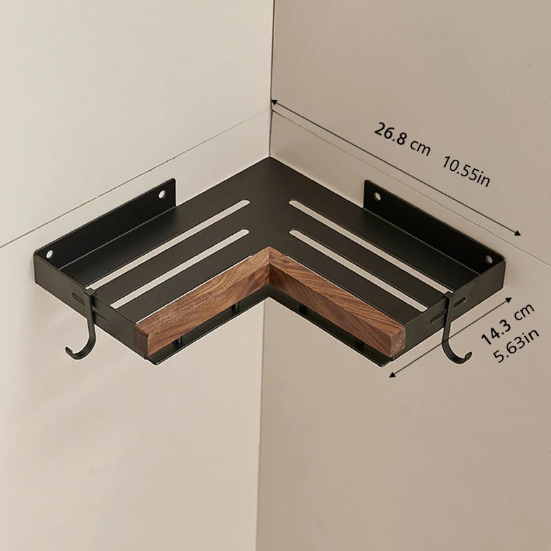 Étagère d’Angle de Salle de Bain TOLM – Aluminium et Bois, Finition Noire Élégante