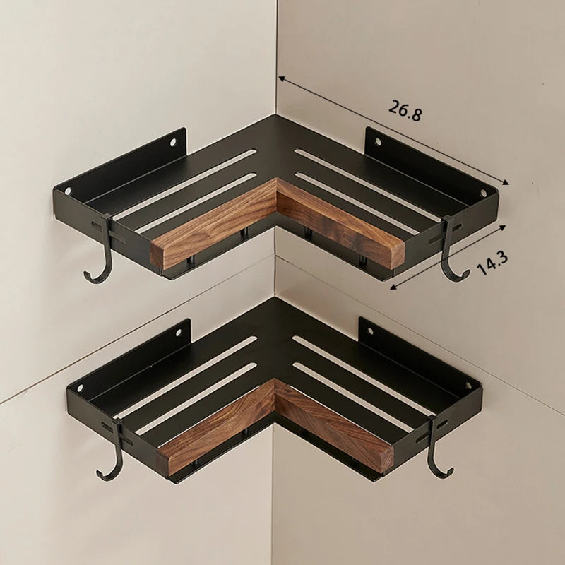 Étagère d’Angle de Salle de Bain TOLM – Aluminium et Bois, Finition Noire Élégante