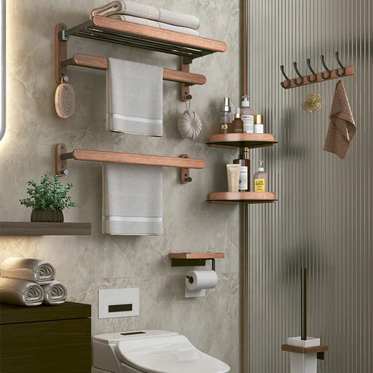 Accessoires de salle de bain en bois de noyer et métal noir