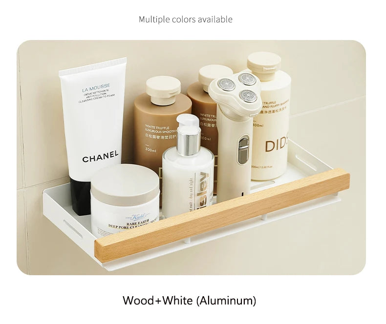 Étagère d’Angle de Salle de Bain TOLM – Aluminium et Bois, Finition Noire Élégante