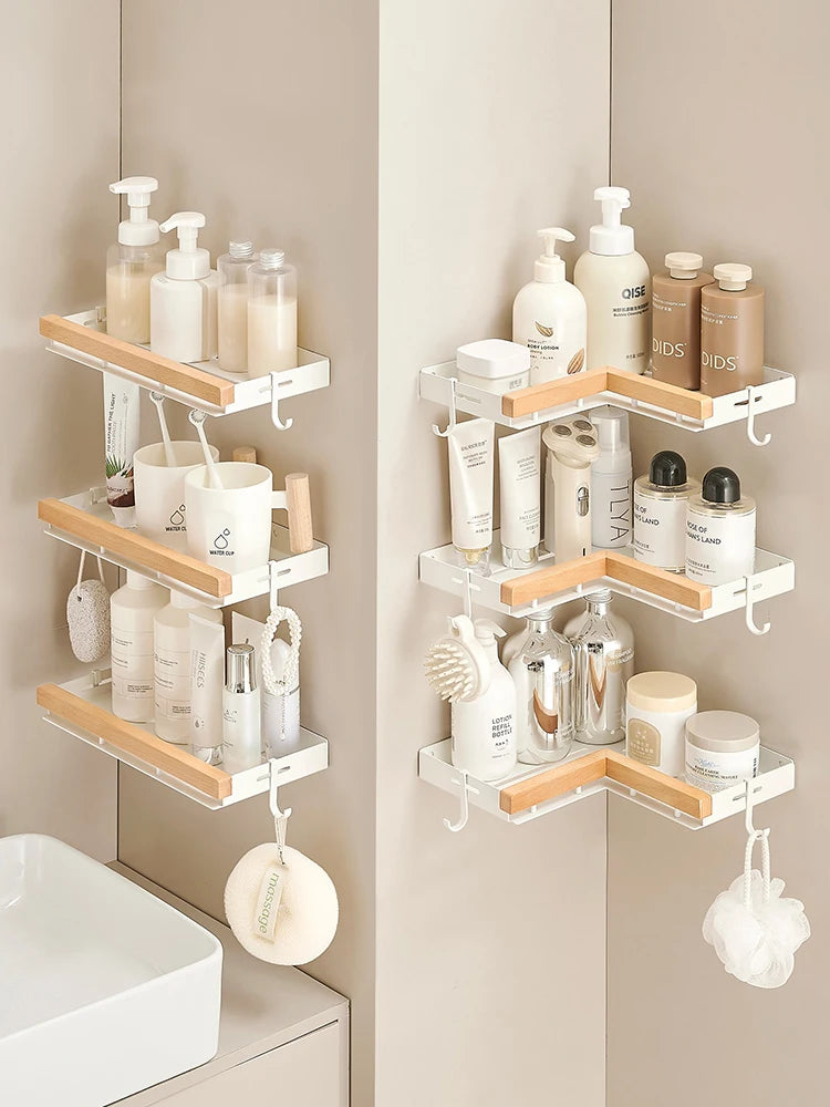 Étagère d’Angle de Salle de Bain TOLM – Aluminium et Bois, Finition Noire Élégante